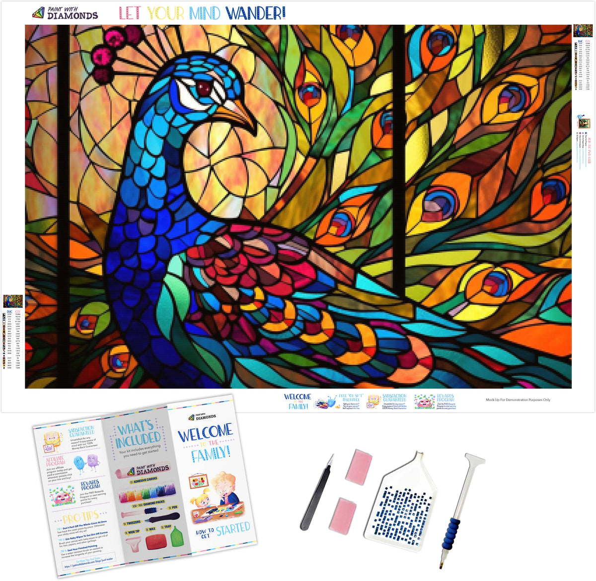 Colorful Peacock Stained Glass Official Diamond Painting Kit, Diamond Art