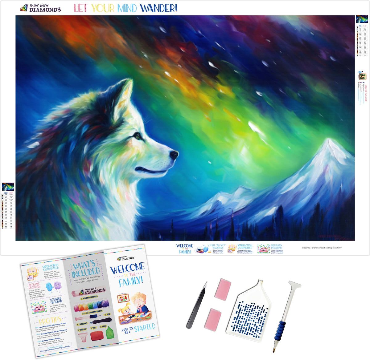 Wolf Gazing At Northern Lights Diamond Painting Kit Paint With Paint
