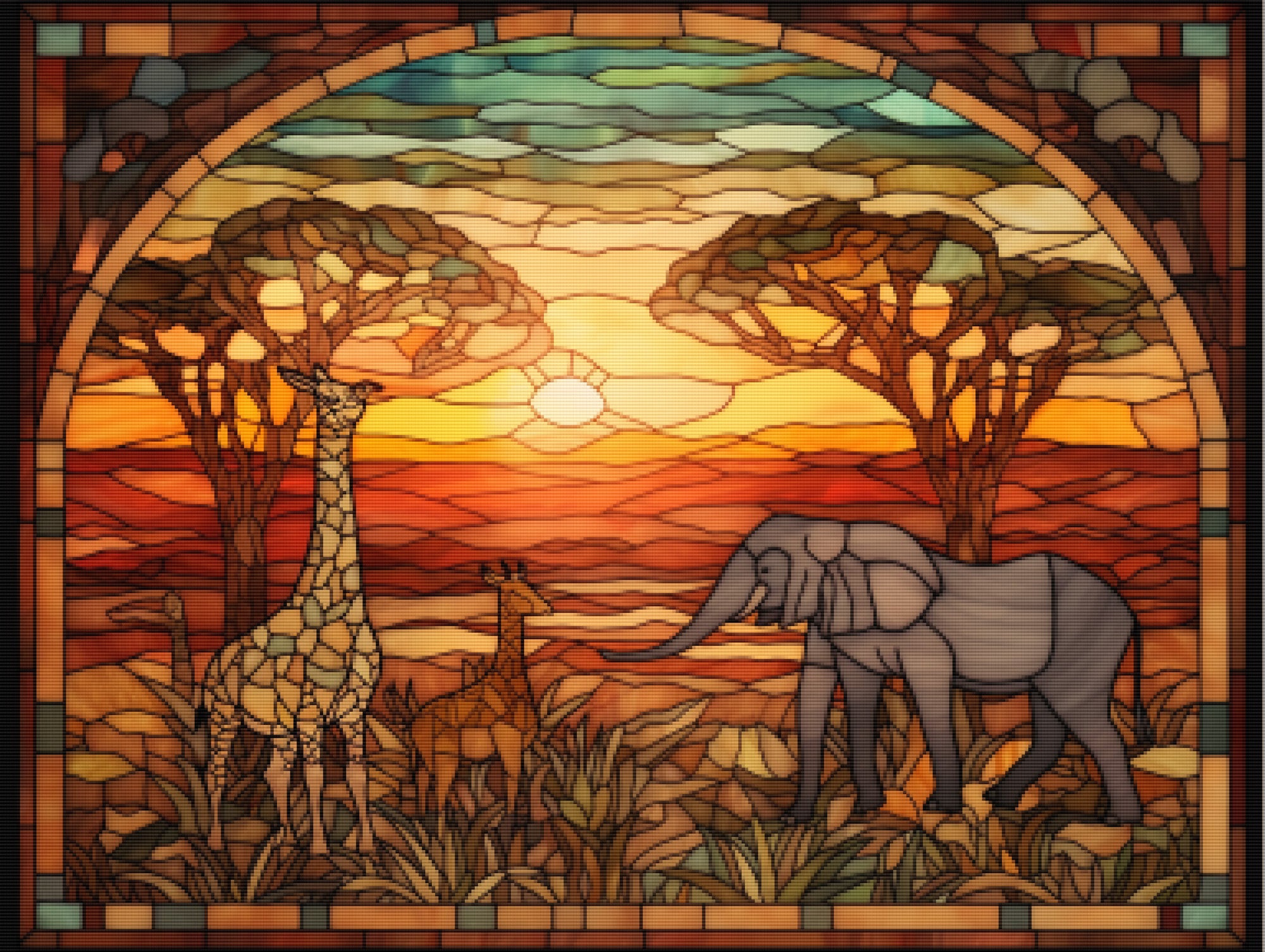 African Savannah With Acacia Trees Stained Glass Official Diamond