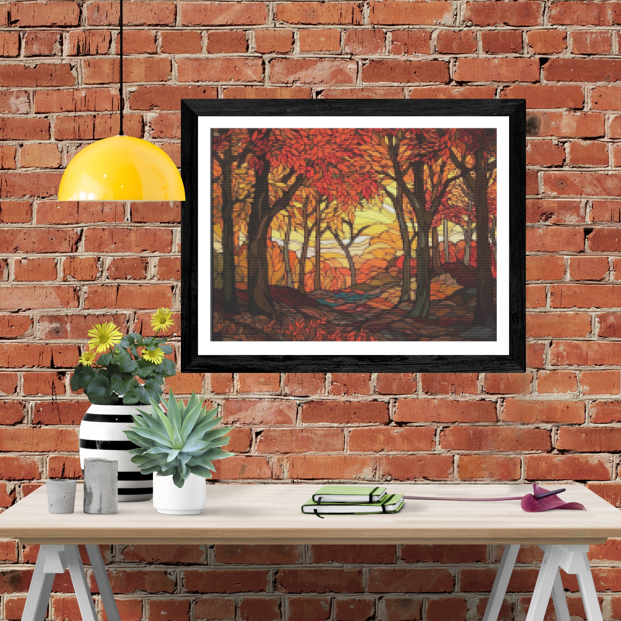 Autumn Forest 秋の森 シーグラス／天然石／フレーム／アート Autumn Forest Scene Stained Glass Official Diamond Painting Kit