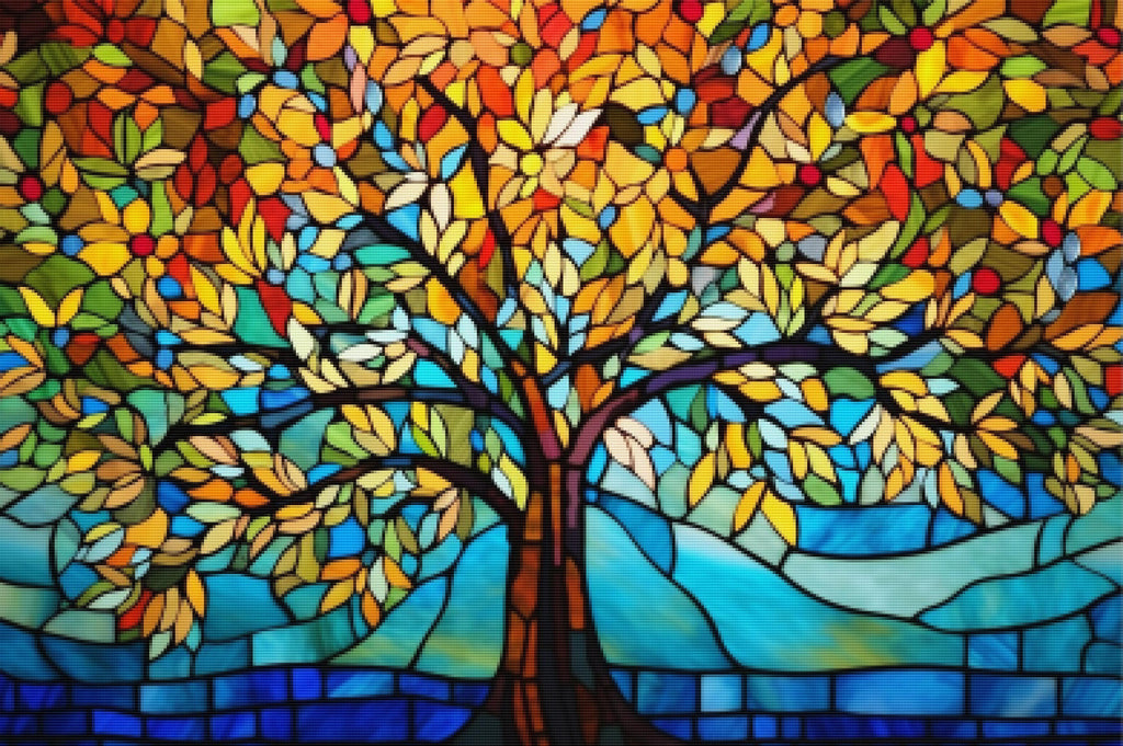 Beautiful Tree Golden Leaves Stained Glass Official Diamond Painting 