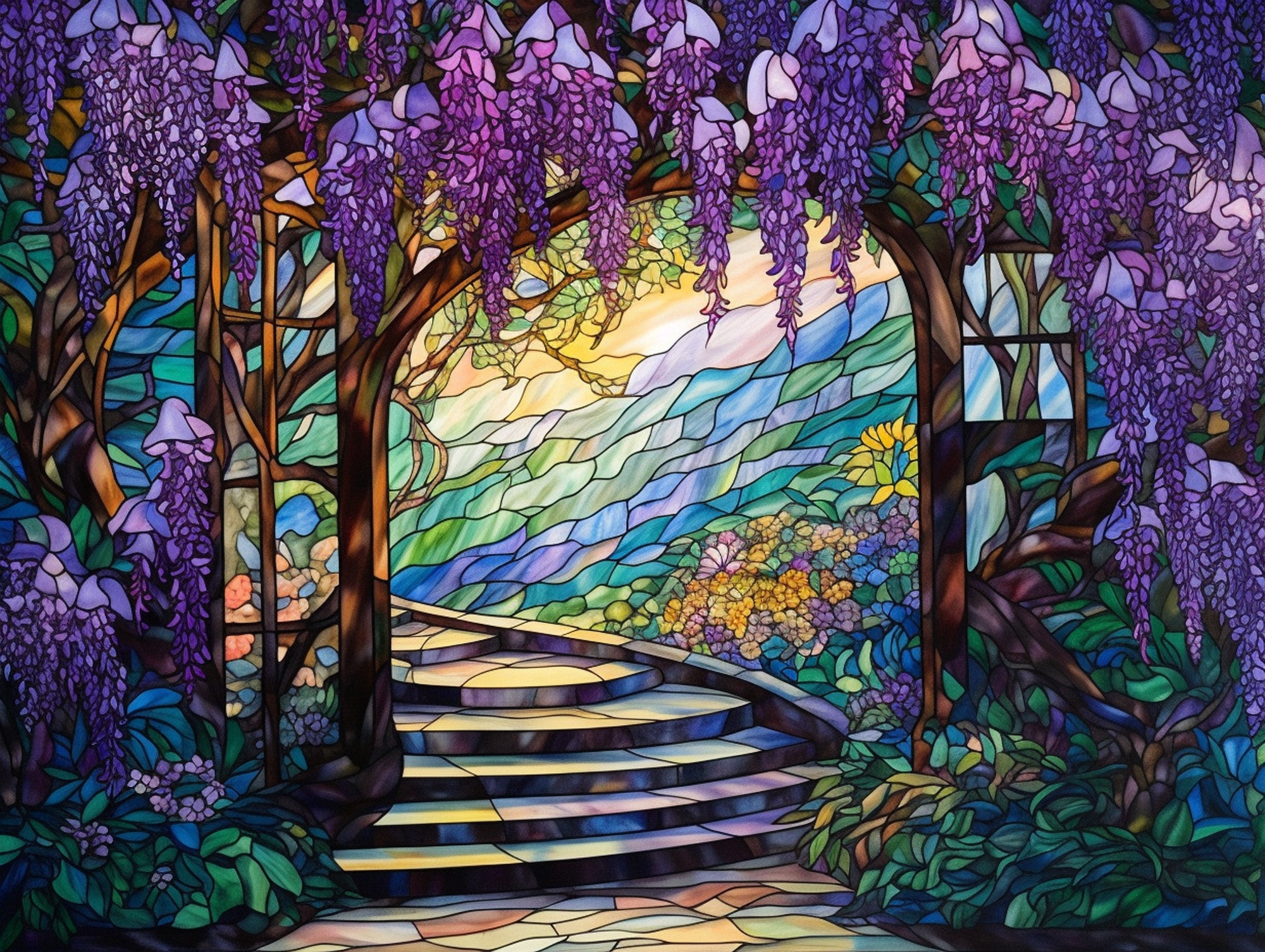 Cascading Wisteria Garden Stained Glass Official Diamond Painting