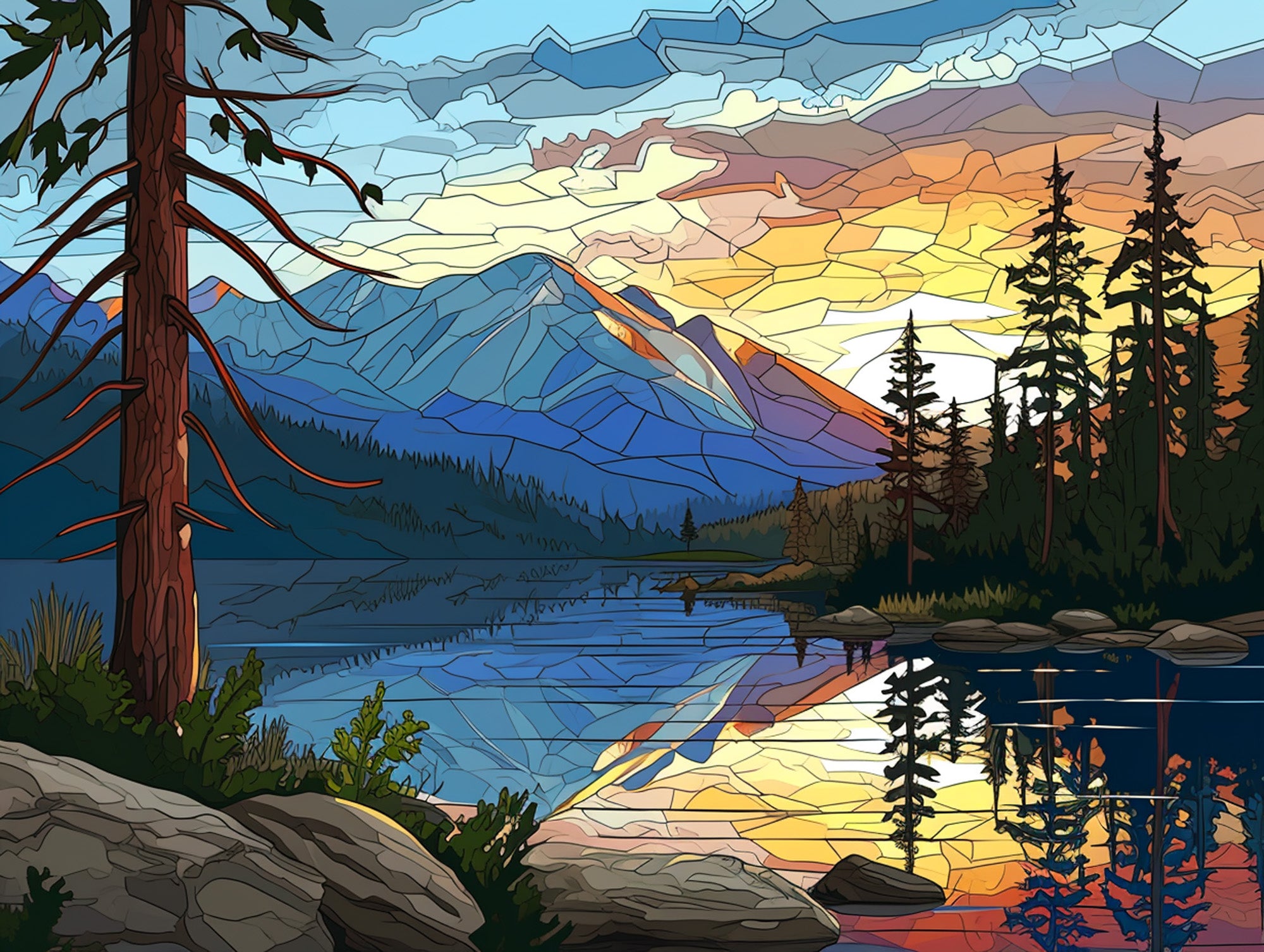 MountainLakeatDawnStainedGlass