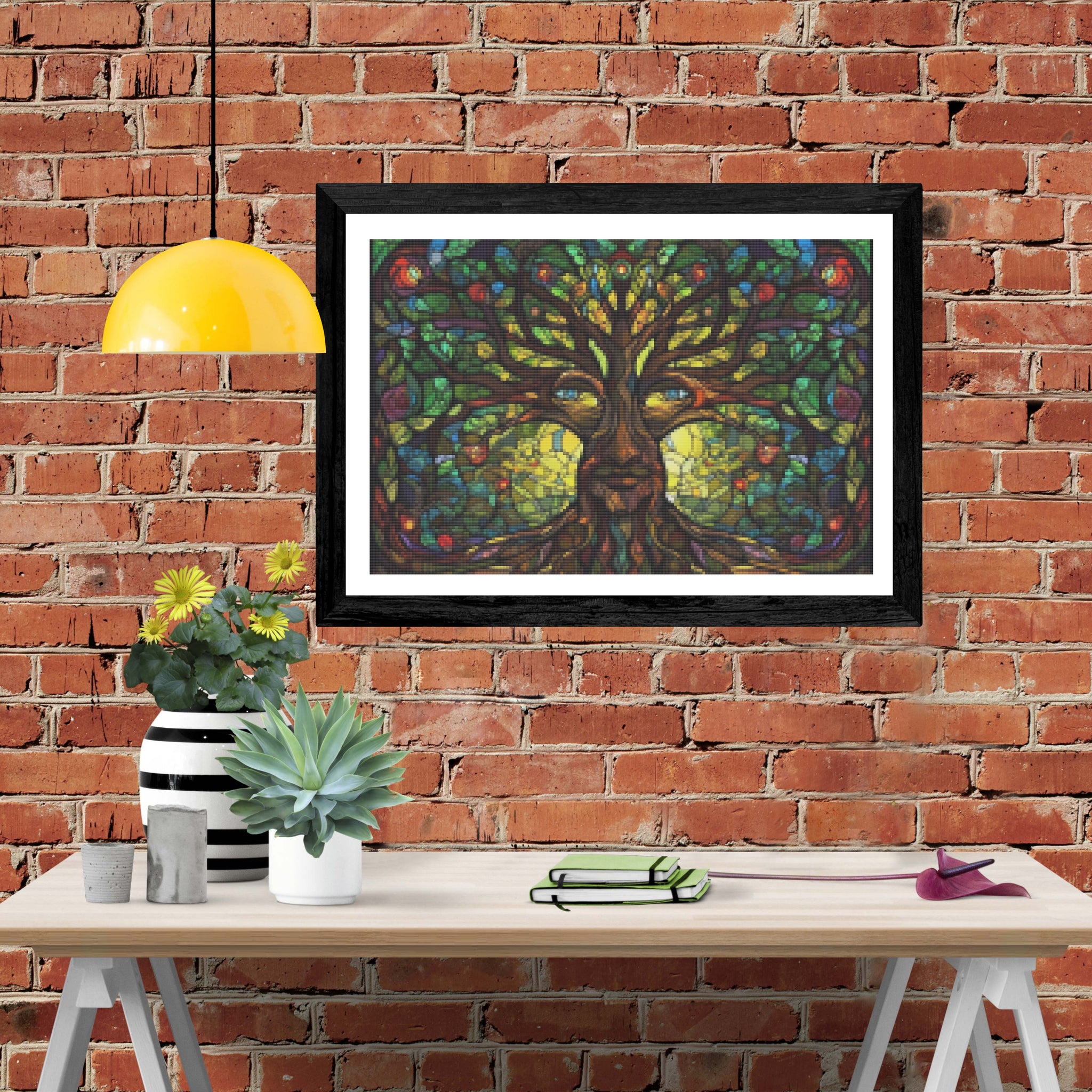 A finished mystic tree hot diamond painting complete with matting and frame