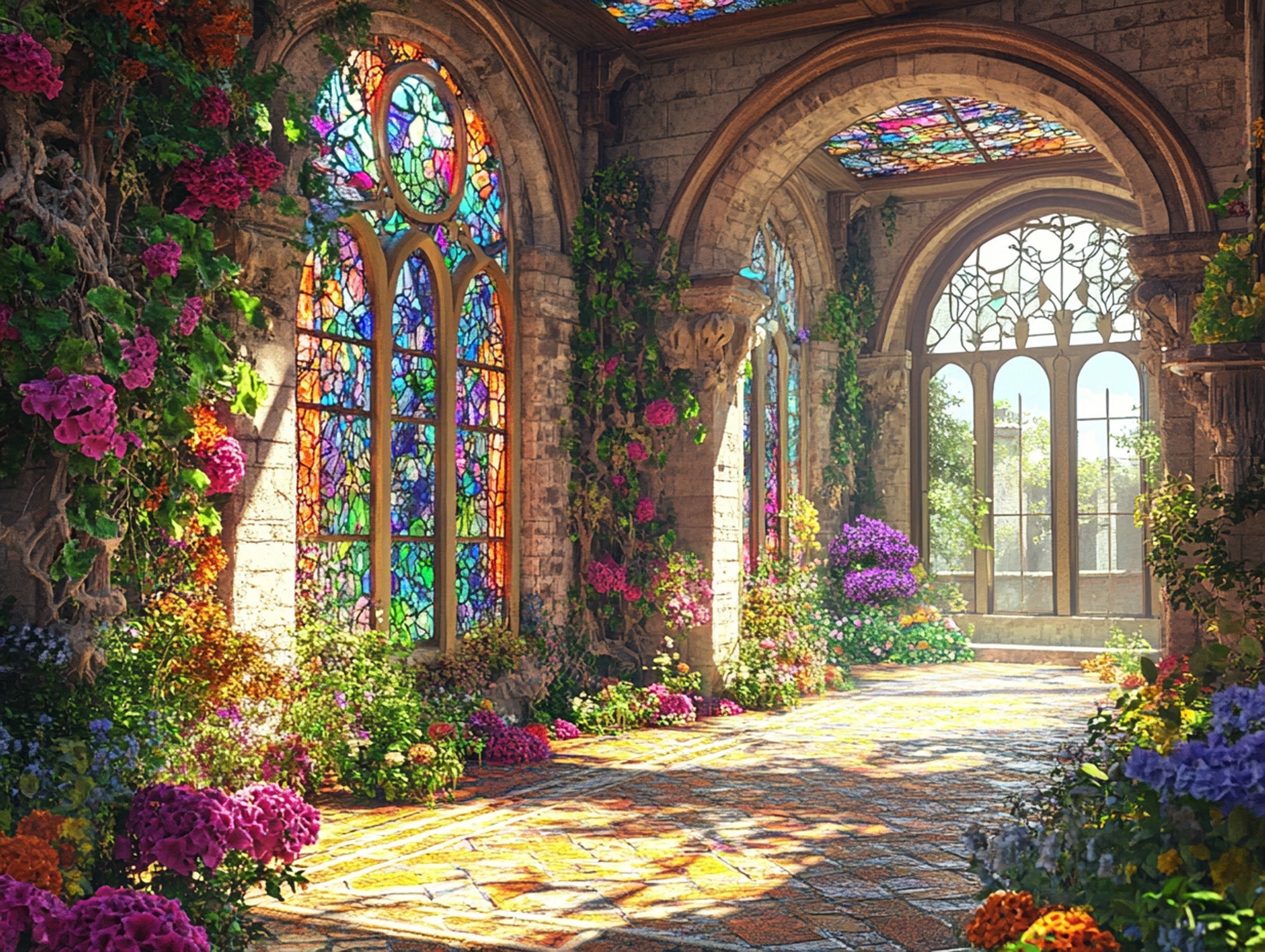 Stained Glass Castle Garden Courtyard Diamond Painting - Full
