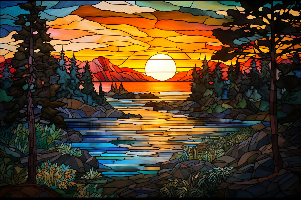 Sunset Lake Scene Stained Glass Diamond Painting Kit Paint With – Paint ...