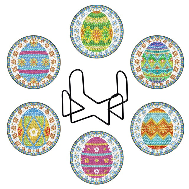 FOWSEEK DIY Easter Egg Diamond Painting Coaster Kit - 8 Sparkling Coasters With Holder