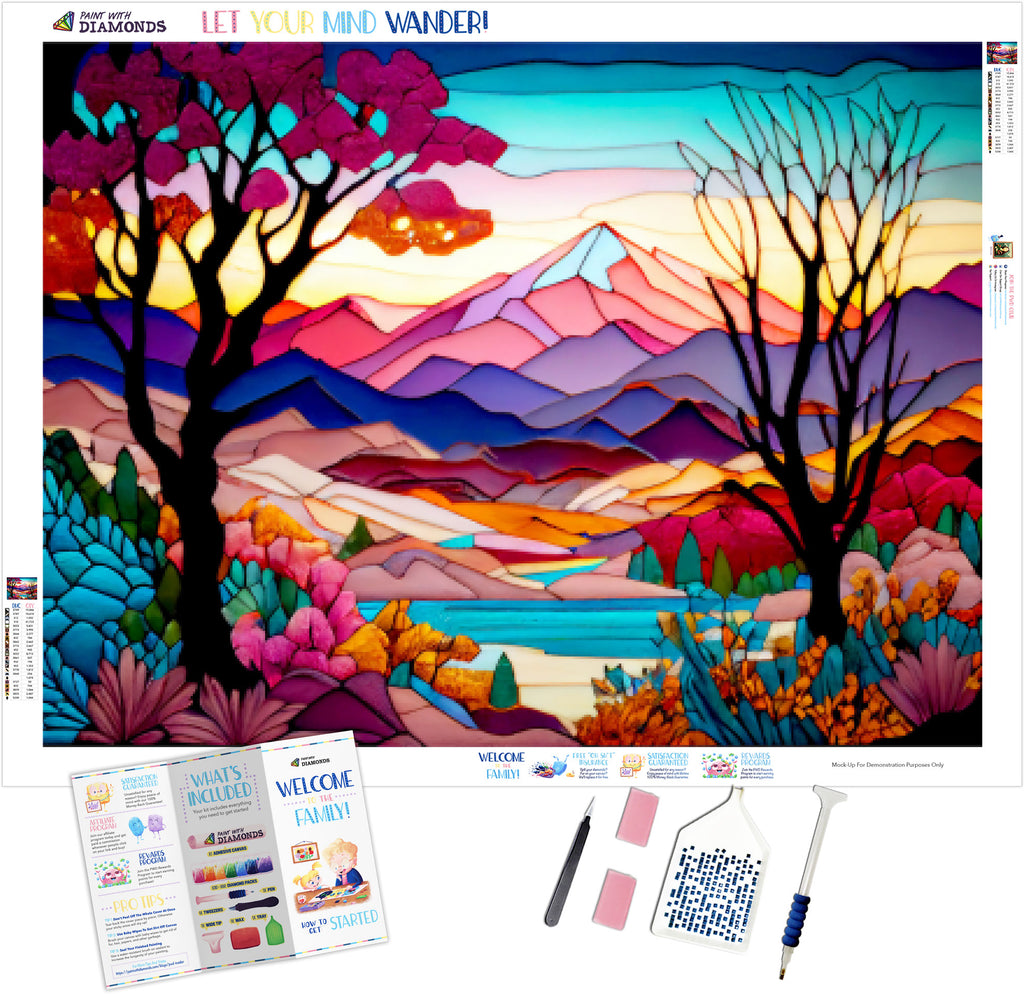 Colorful Mountain Range Stained Glass Official Diamond Painting Kit, Diamond Art