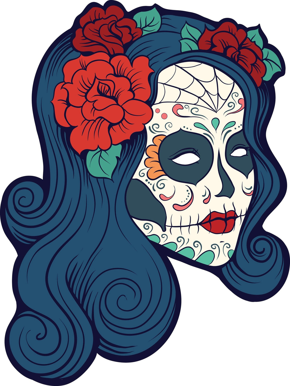Pin Up Sugar Skull Lady Tattoo Day Of The Dead. Tattooed Female With