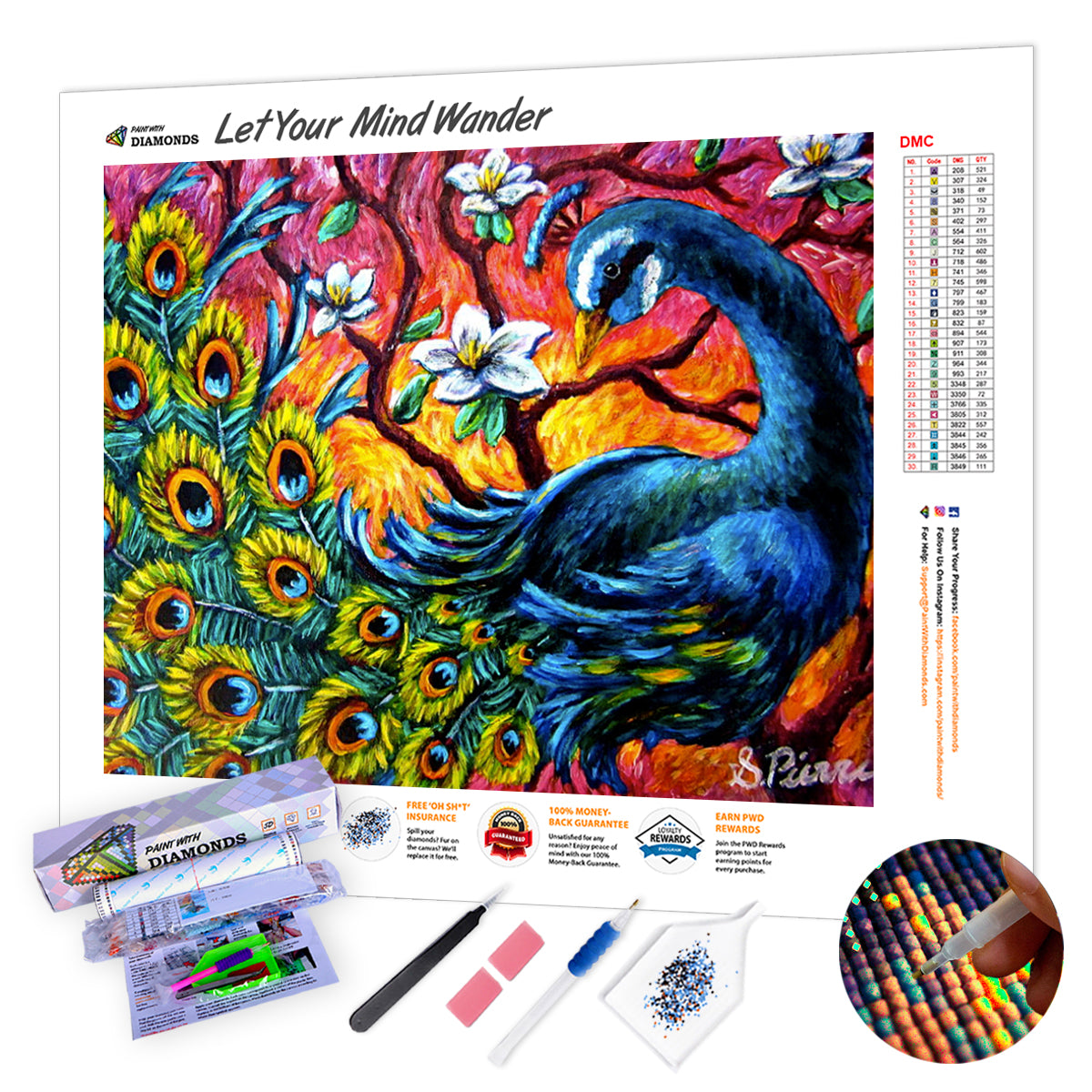 Colorful Peacock Stained Glass Official Diamond Painting Kit, Diamond Art